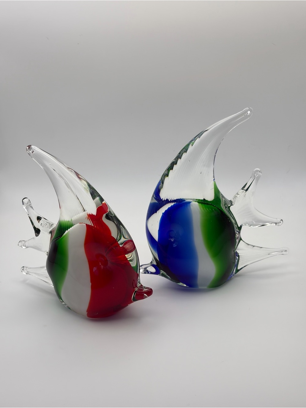 Pair Hand Blown Art Glass Angelfish Figurines Red Blue Green Clear Unsigned